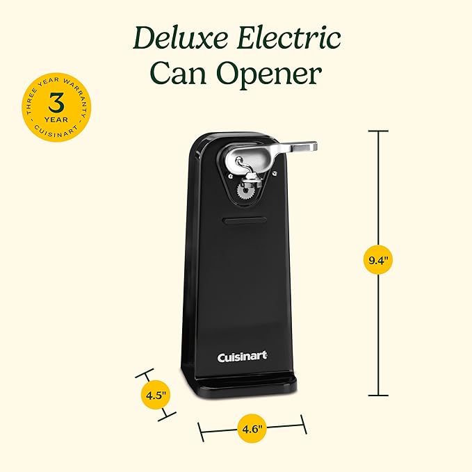 Cuisinart Deluxe Stainless Steel Can Opener: Cuisinart Deluxe Stainless Steel Can Opener with a durable metal body on a kitchen counter.