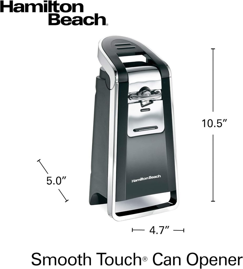 Hamilton Beach Smooth Touch Electric Can Opener: Image showing the sleek black and chrome Hamilton Beach Smooth Touch Electric Can Opener, demonstrating its side-cutting technology.